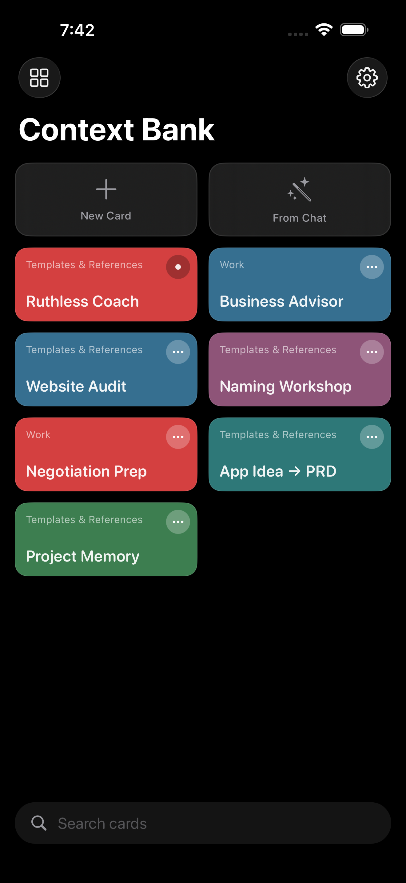 Context Bank app showing colorful context cards organized by category
